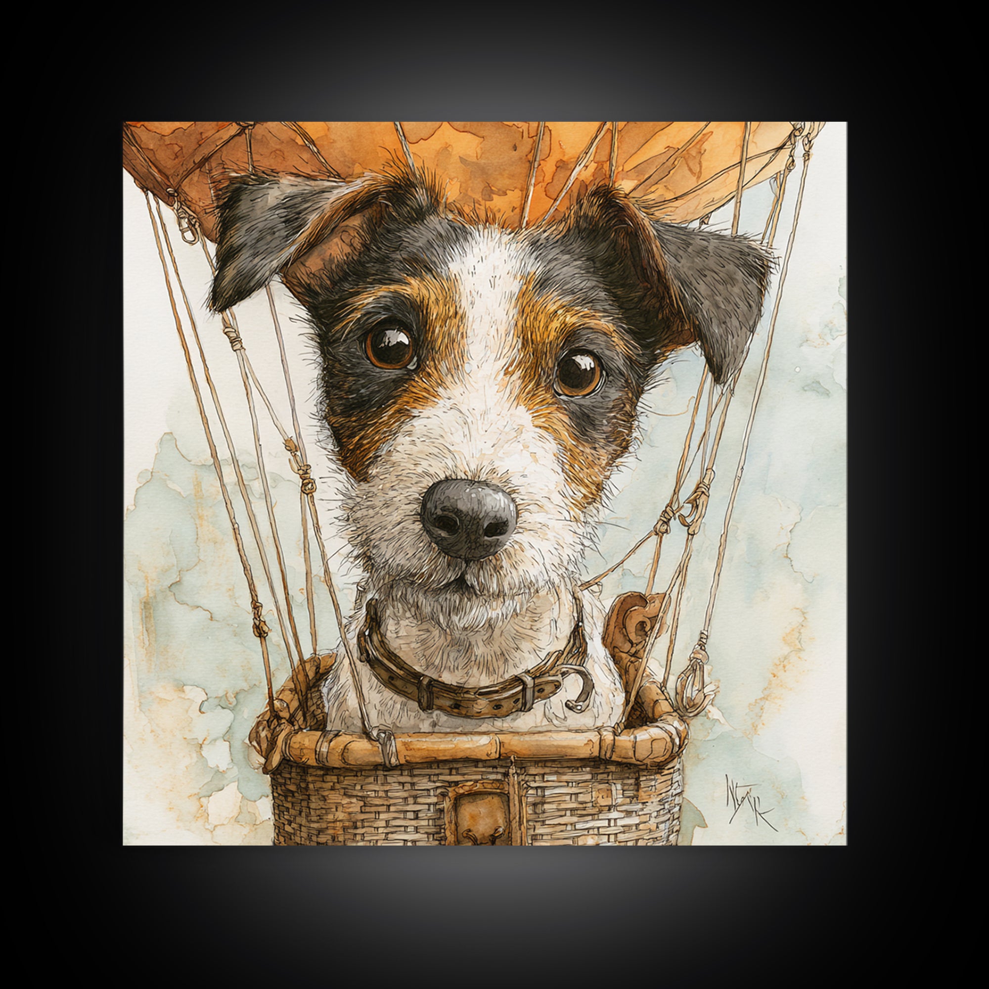 Dog in a Hot Air Balloon Framed Canvas Print, Whimsical Art, Gallery Decor, Living Room Decor, Fine Art, Wonder, Wall Art, WHI-1x1-38