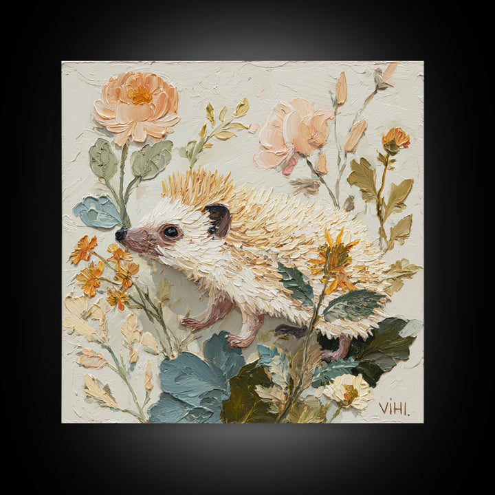 Hedgehog Carrying Wildflowers Framed Canvas Print, Whimsical Art, Dark Academia Decor, Living Room Decor, Fine Art, Wonder, WHI-1x1-39