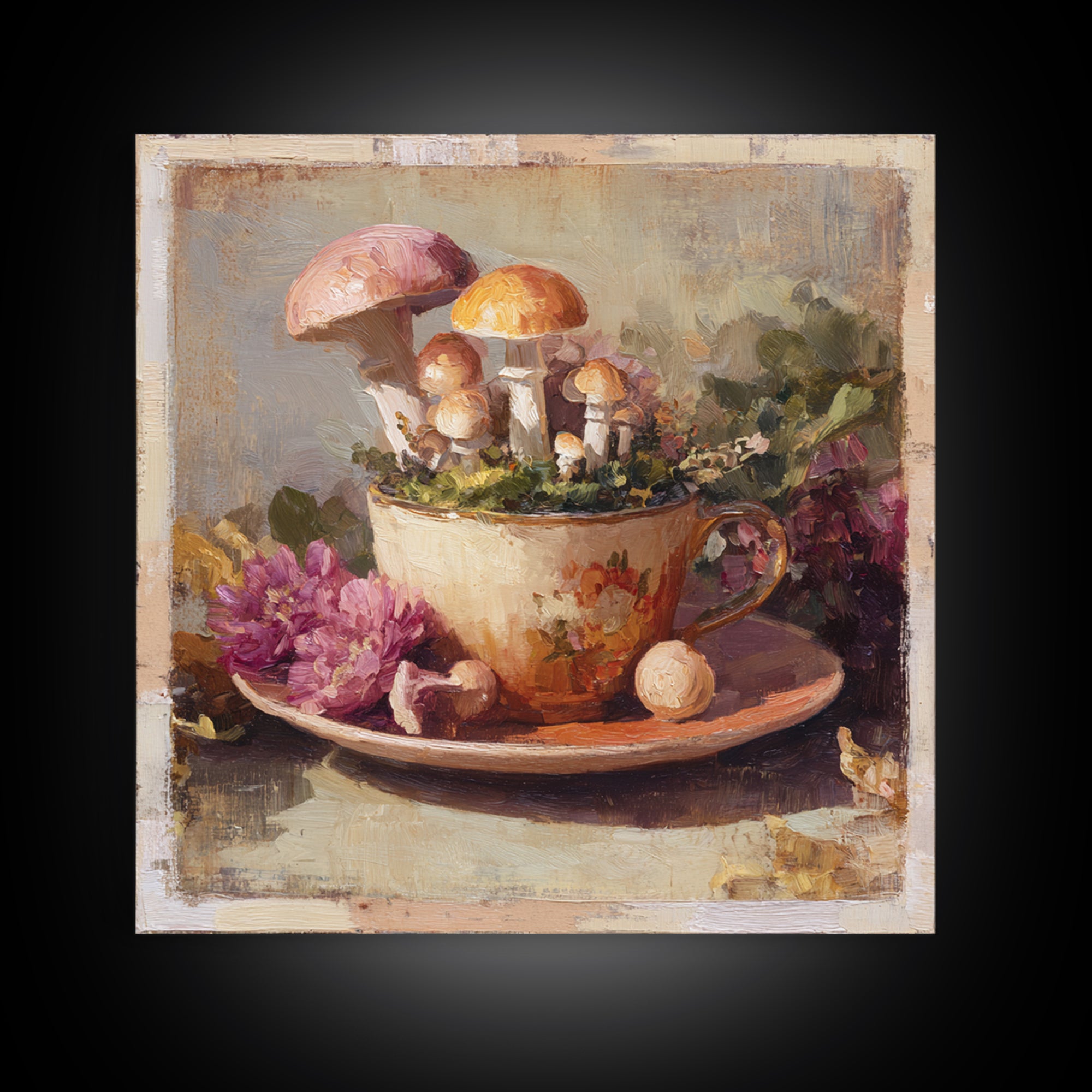 Teacup Garden with Tiny Mushrooms Canvas Print, Whimsical Art, Home Decor, Living Room Decor, Fine Art, Wonder, Digital Print, WHI-1x1-4