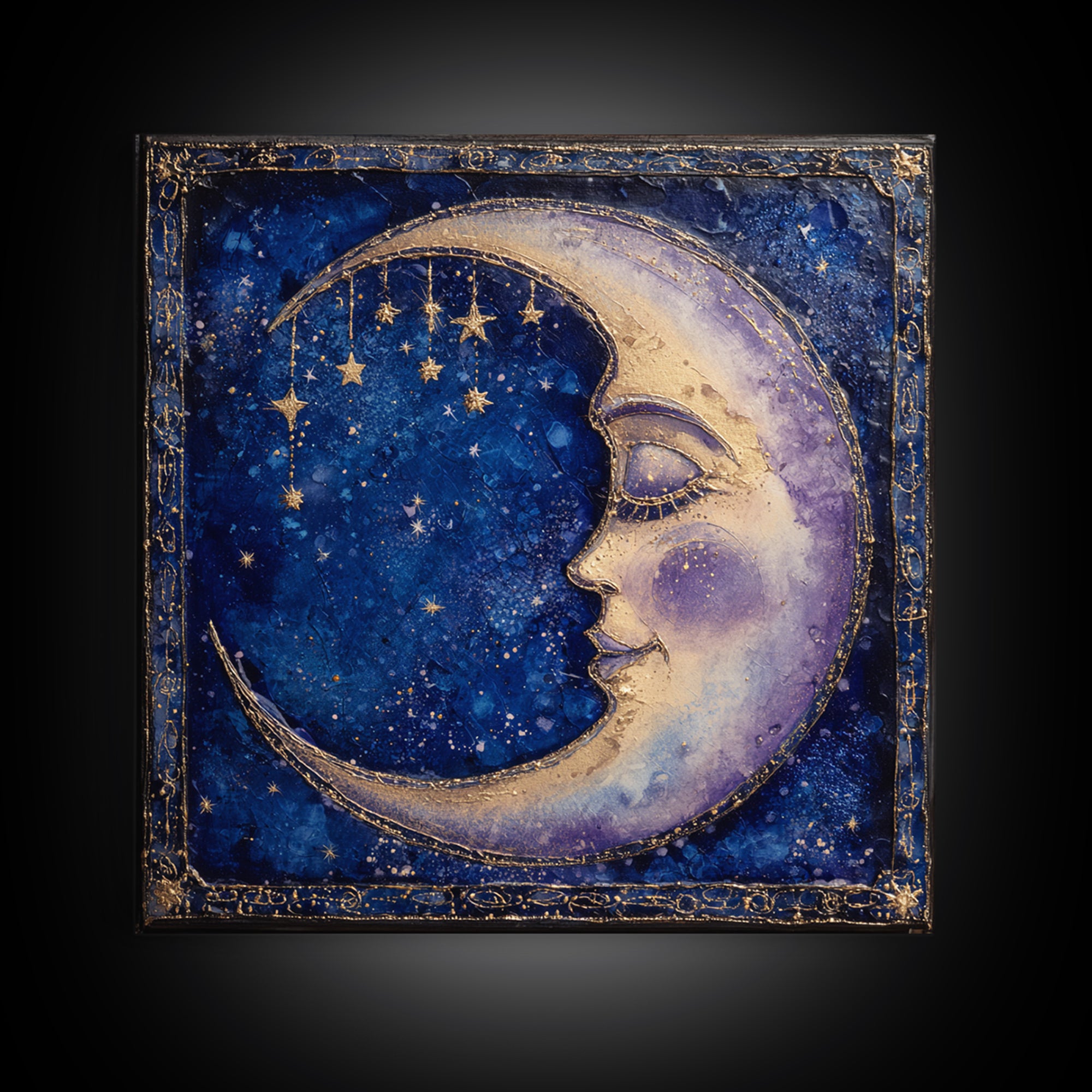 Moon with Sleeping Face and Dangling Stars Framed Canvas Print, Whimsical Art, Room Decor, Living Room Decor, Oil Painting, WHI-1x1-40