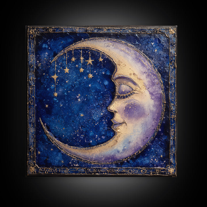 Moon with Sleeping Face and Dangling Stars Framed Canvas Print, Whimsical Art, Room Decor, Living Room Decor, Oil Painting, WHI-1x1-40