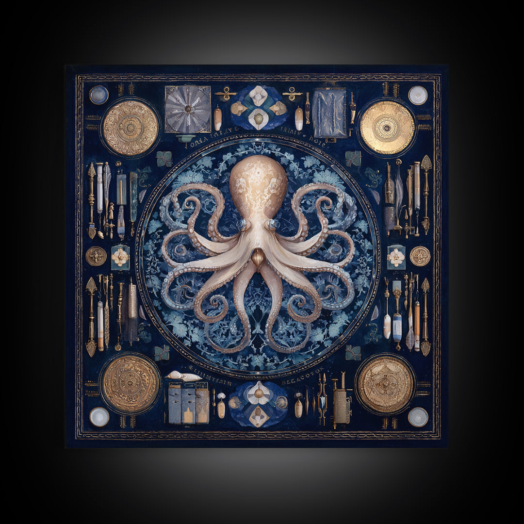 Octopus Conductor with Tiny Instruments Framed Canvas Print, Whimsical Art, Bird Art, Living Room Decor, Abstract Art, Wonder, WHI-1x1-42