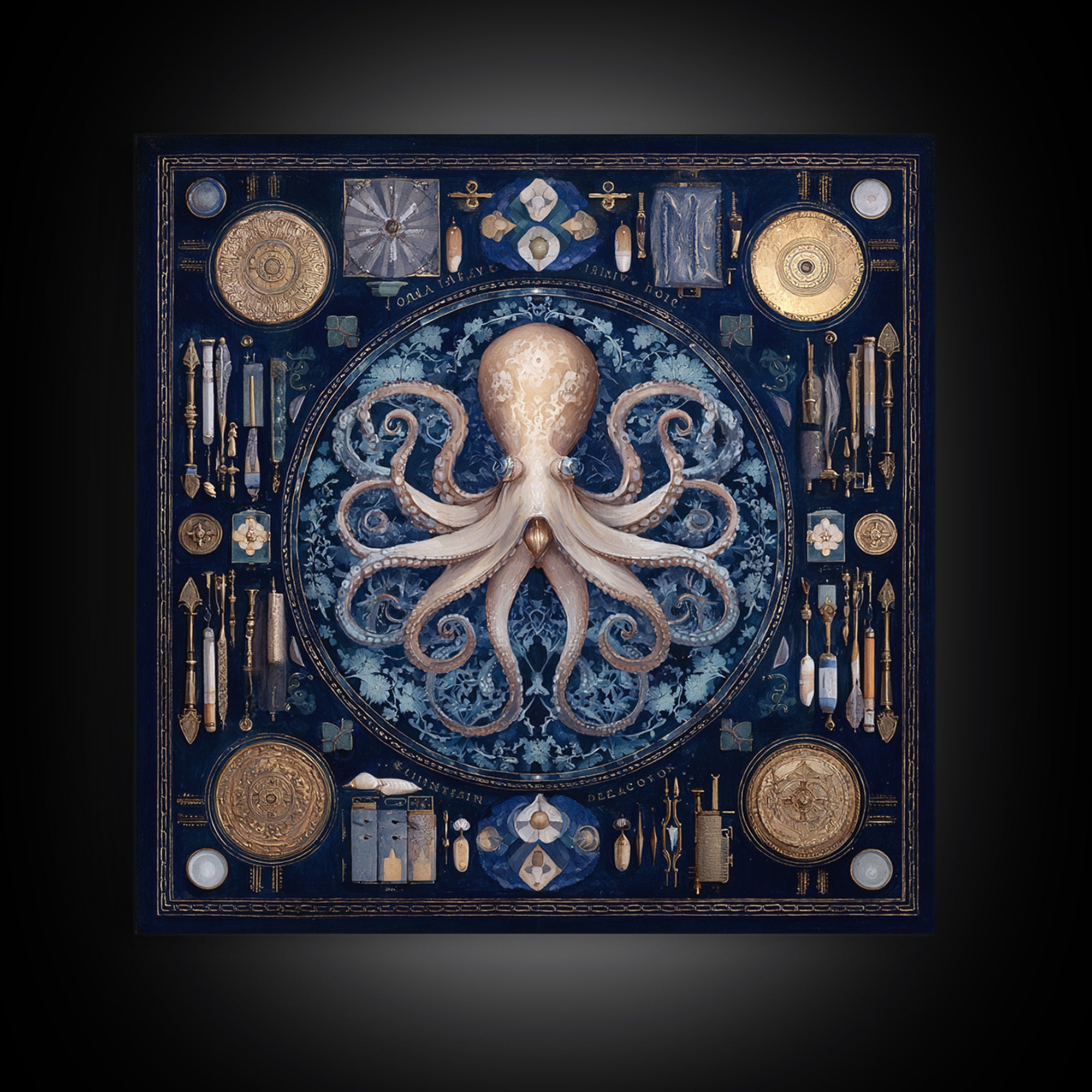 Octopus Conductor with Tiny Instruments Framed Canvas Print, Whimsical Art, Bird Art, Living Room Decor, Abstract Art, Wonder, WHI-1x1-42