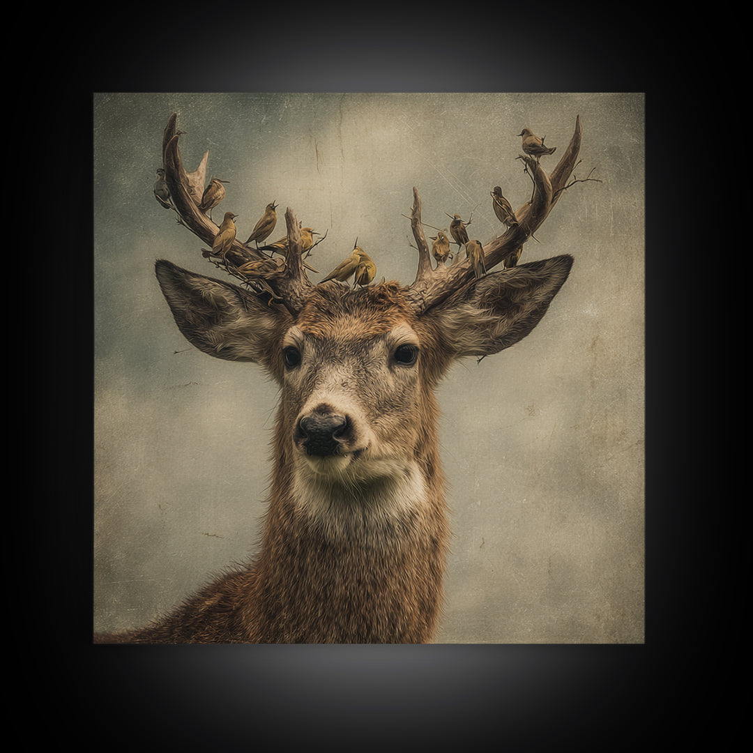 Deer with Antlers Full of Birds Framed Canvas Print, Whimsical Art, Dopamine Decor, Living Room Decor, Oil Painting, Wonder, WHI-1x1-43