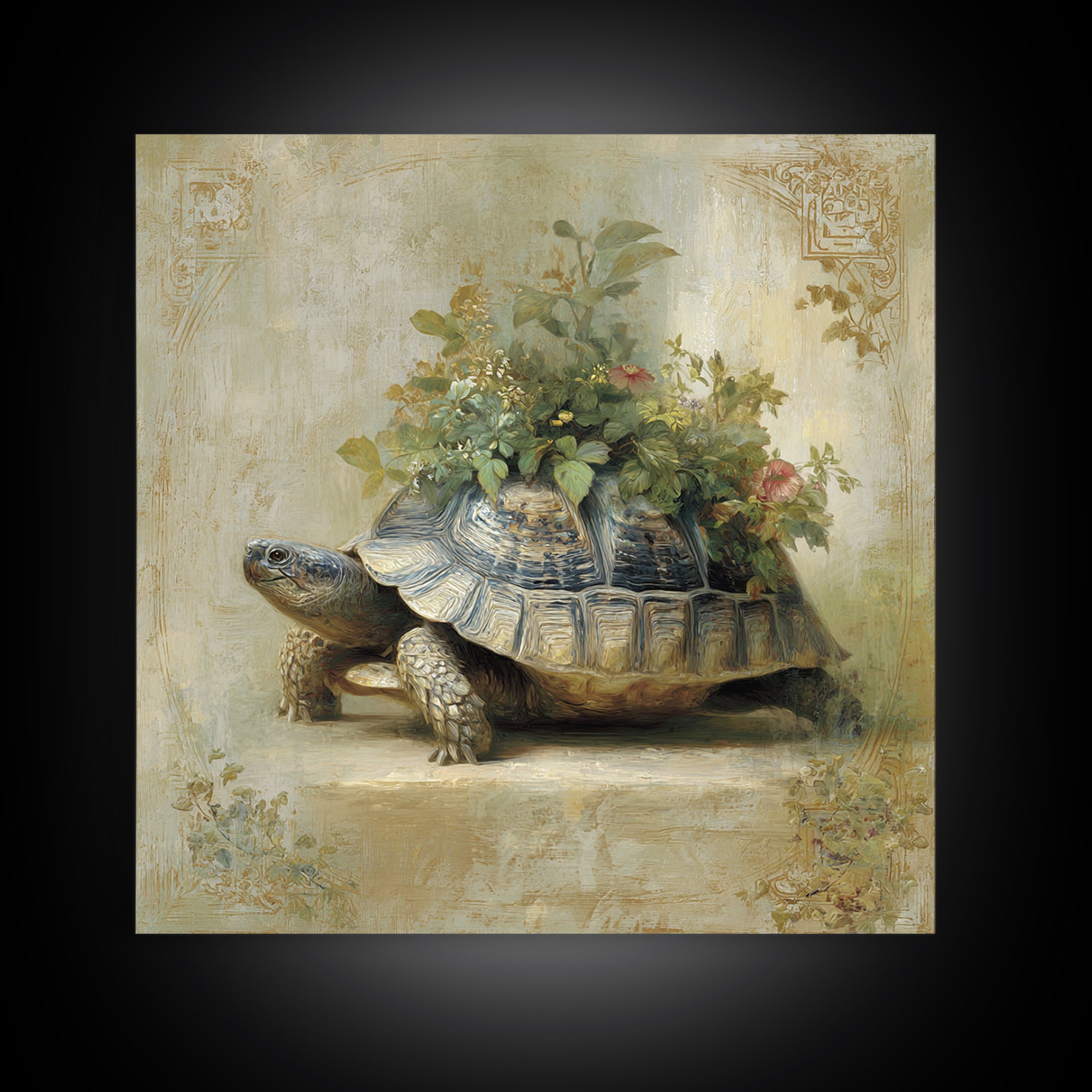 Turtle with Garden Growing on Shell Framed Canvas Print, Whimsical Art, Nursery Art, Living Room Decor, Oil Painting, Wonder, WHI-1x1-46