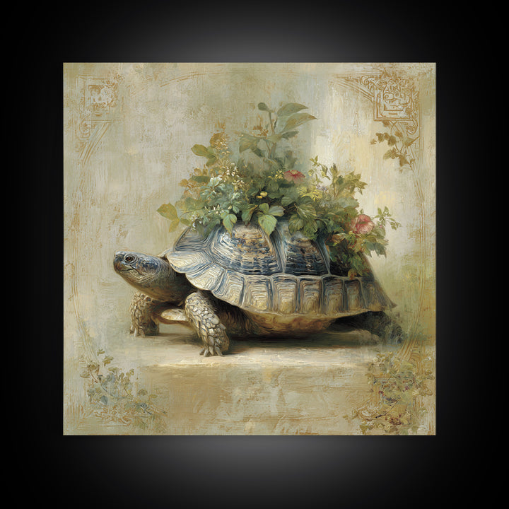 Turtle with Garden Growing on Shell Framed Canvas Print, Whimsical Art, Nursery Art, Living Room Decor, Oil Painting, Wonder, WHI-1x1-46
