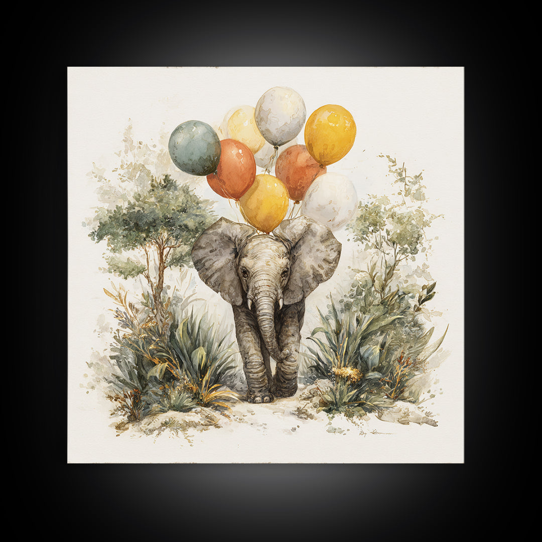 Elephant Holding Balloons Framed Canvas Print, Whimsical Art, Nursery Prints, Living Room Decor, Oil Painting, Wonder, WHI-1x1-51