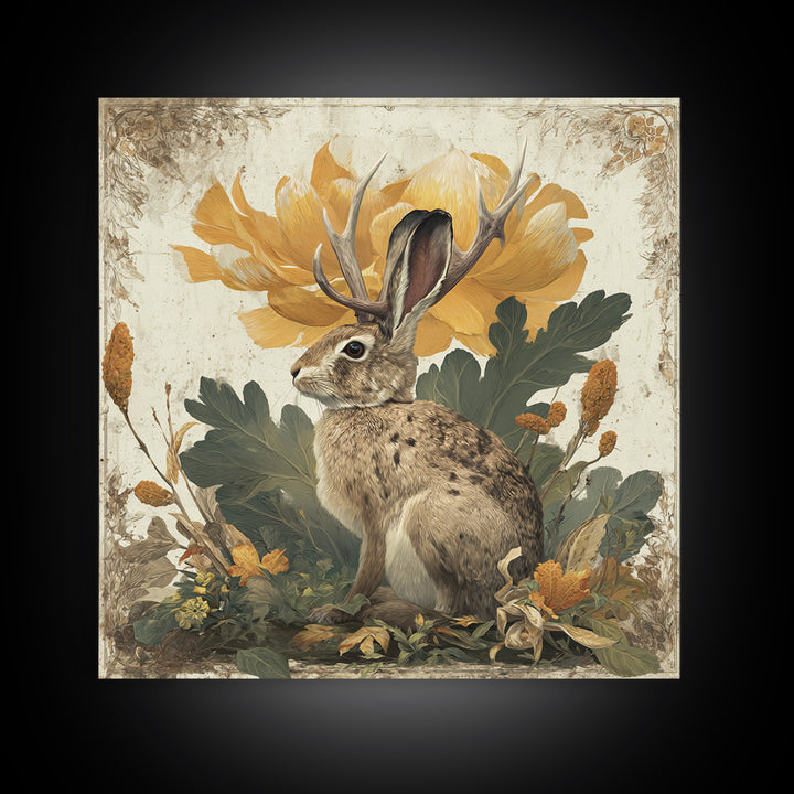Rabbit Reading Beneath a Giant Flower Framed Canvas Print, Whimsical Art, Textured Painting, Living Room Decor, Wonder, WHI-1x1-53