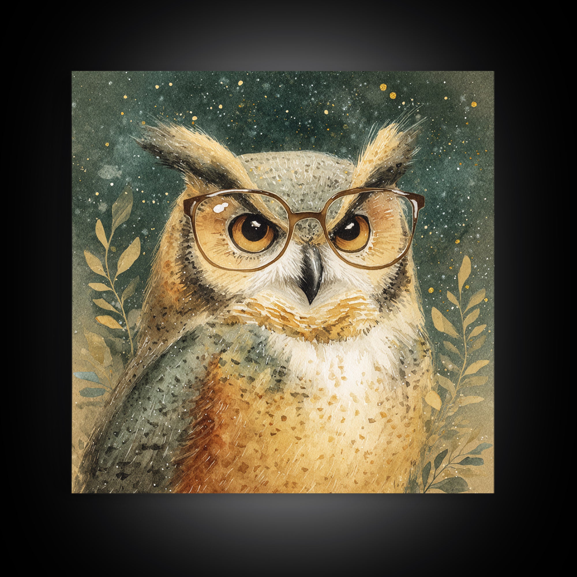 Owl Wearing Spectacles Among Stars Canvas Print, Whimsical Art, Nursery Prints, Living Room Decor, Oil Painting, Wonder, WHI-1x1-54