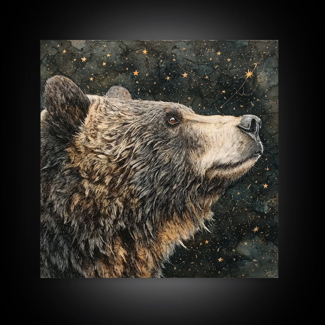 Bear Painting Stars Onto the Night Sky Framed Canvas Print, Whimsical Art, Living Room Decor, Abstract Art, Wonder, WHI-1x1-57