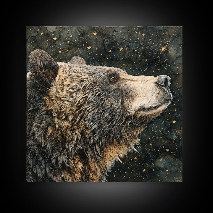 Bear Painting Stars Onto the Night Sky Framed Canvas Print, Whimsical Art, Living Room Decor, Abstract Art, Wonder, WHI-1x1-57