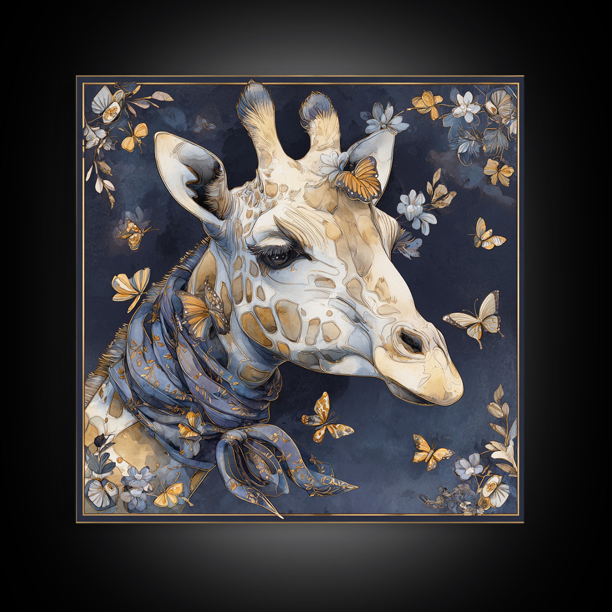 Giraffe with Scarf and Butterflies Framed Canvas Print, Whimsical Art, Watercolor Art, Living Room Decor, Wonder, WHI-1x1-58