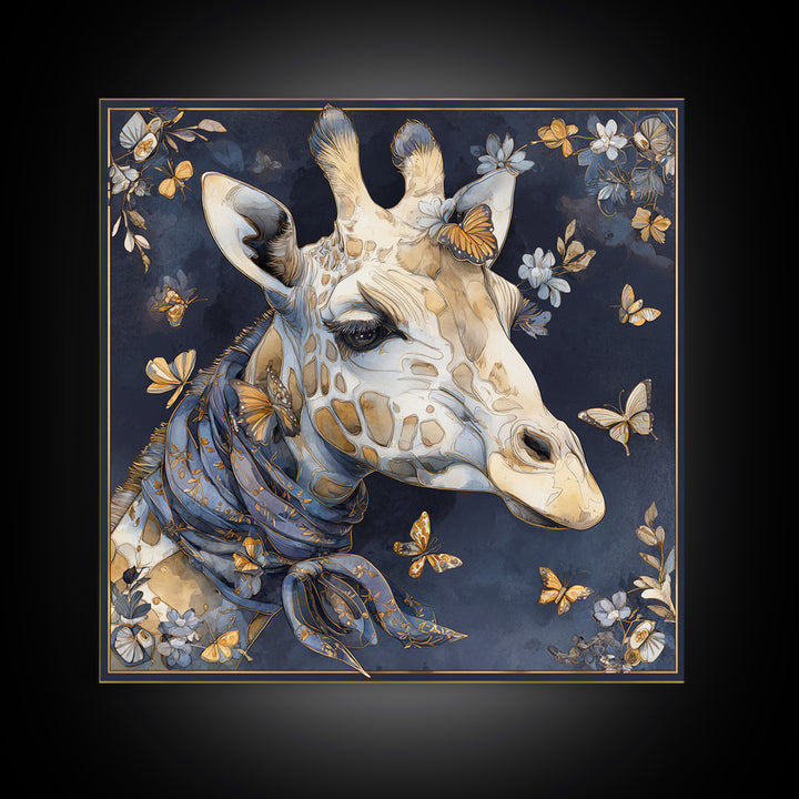 Giraffe with Scarf and Butterflies Framed Canvas Print, Whimsical Art, Watercolor Art, Living Room Decor, Wonder, WHI-1x1-58