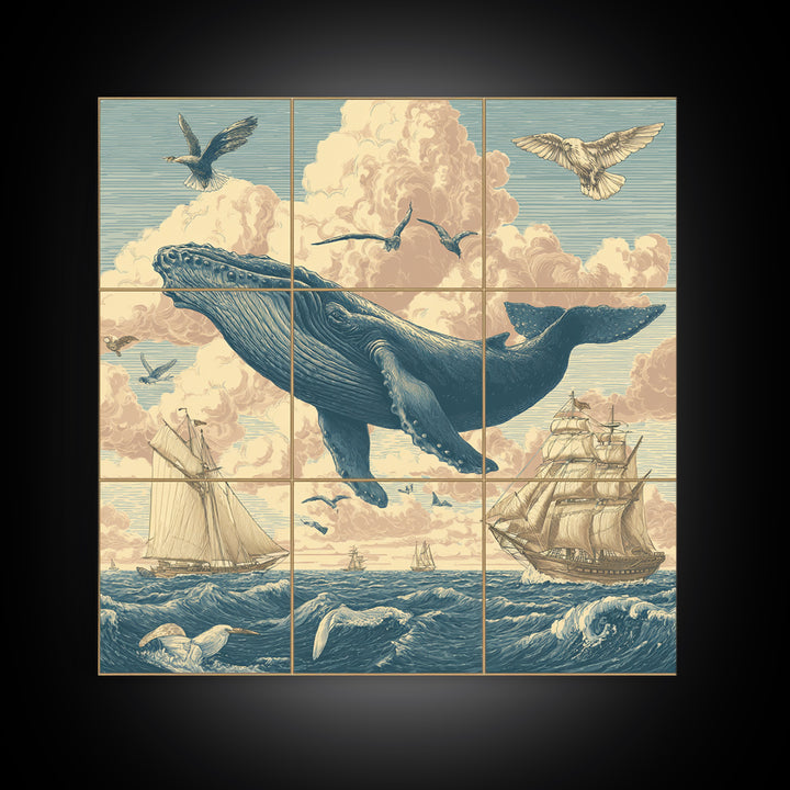 Whale Flying Through Clouds Like Ocean Framed Canvas Print, Whimsical Art, Boho Decor, Living Room Decor, Fine Art, Wonder, WHI-1x1-61
