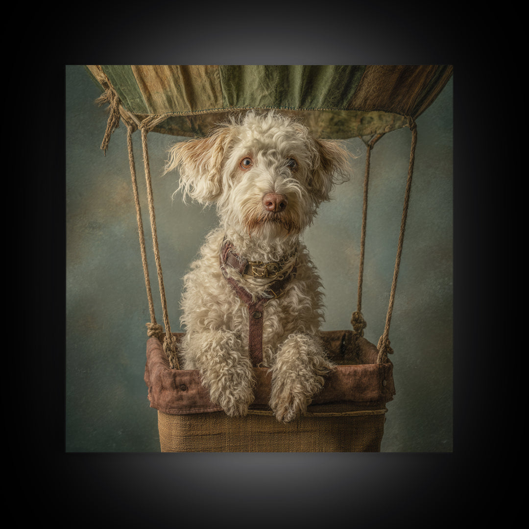 Dog in a Hot Air Balloon Framed Canvas Print, Whimsical Art, Gallery Decor, Living Room Decor, Fine Art, Wonder, Wall Art, WHI-1x1-62