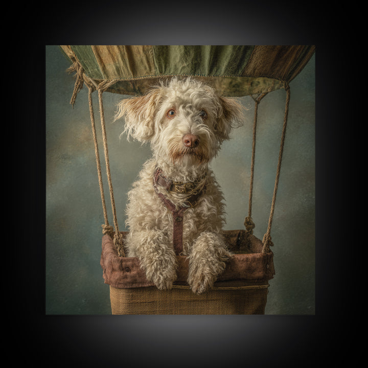Dog in a Hot Air Balloon Framed Canvas Print, Whimsical Art, Gallery Decor, Living Room Decor, Fine Art, Wonder, Wall Art, WHI-1x1-62