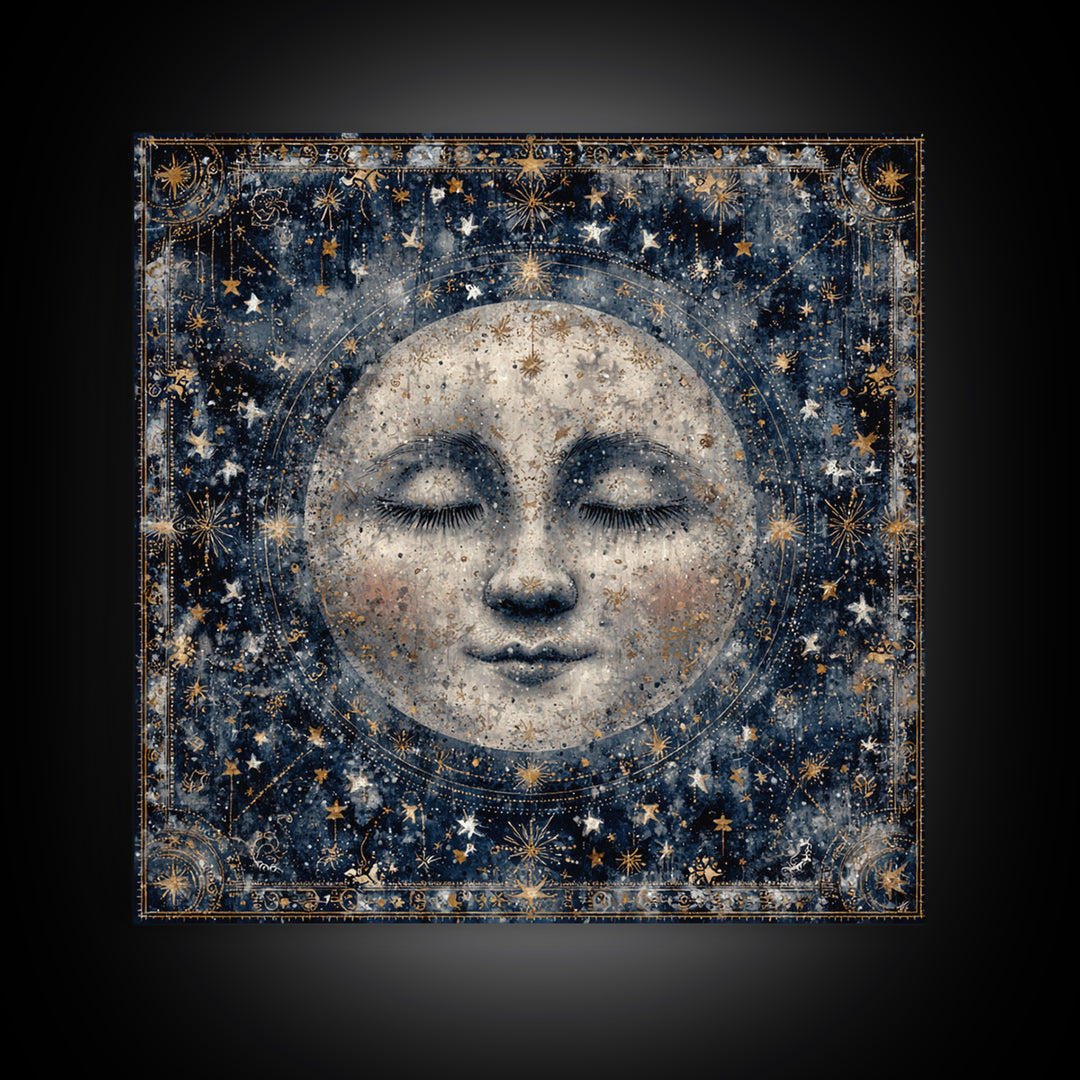 Moon with Sleeping Face and Dangling Stars Framed Canvas Print, Whimsical Art, Living Room Decor, Wonder, Gallery Decor, WHI-1x1-64