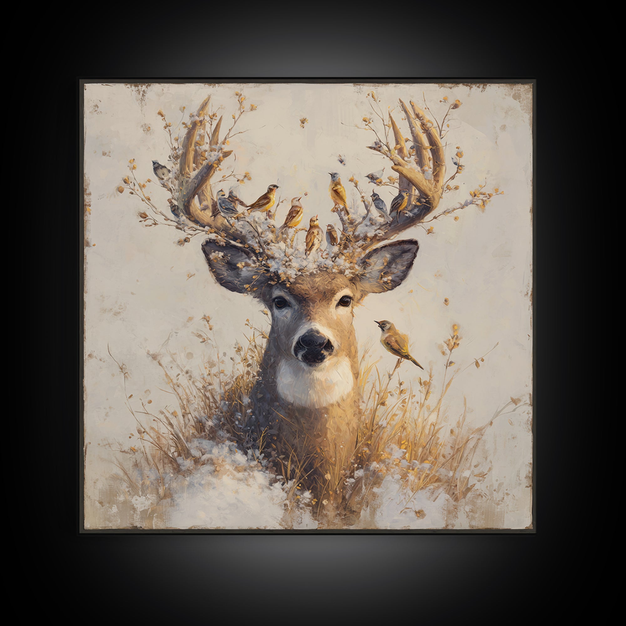 Deer with Antlers Full of Birds Framed Canvas Print, Whimsical Art, Modern Decor, Living Room Decor, Fine Art, Wonder, WHI-1x1-67