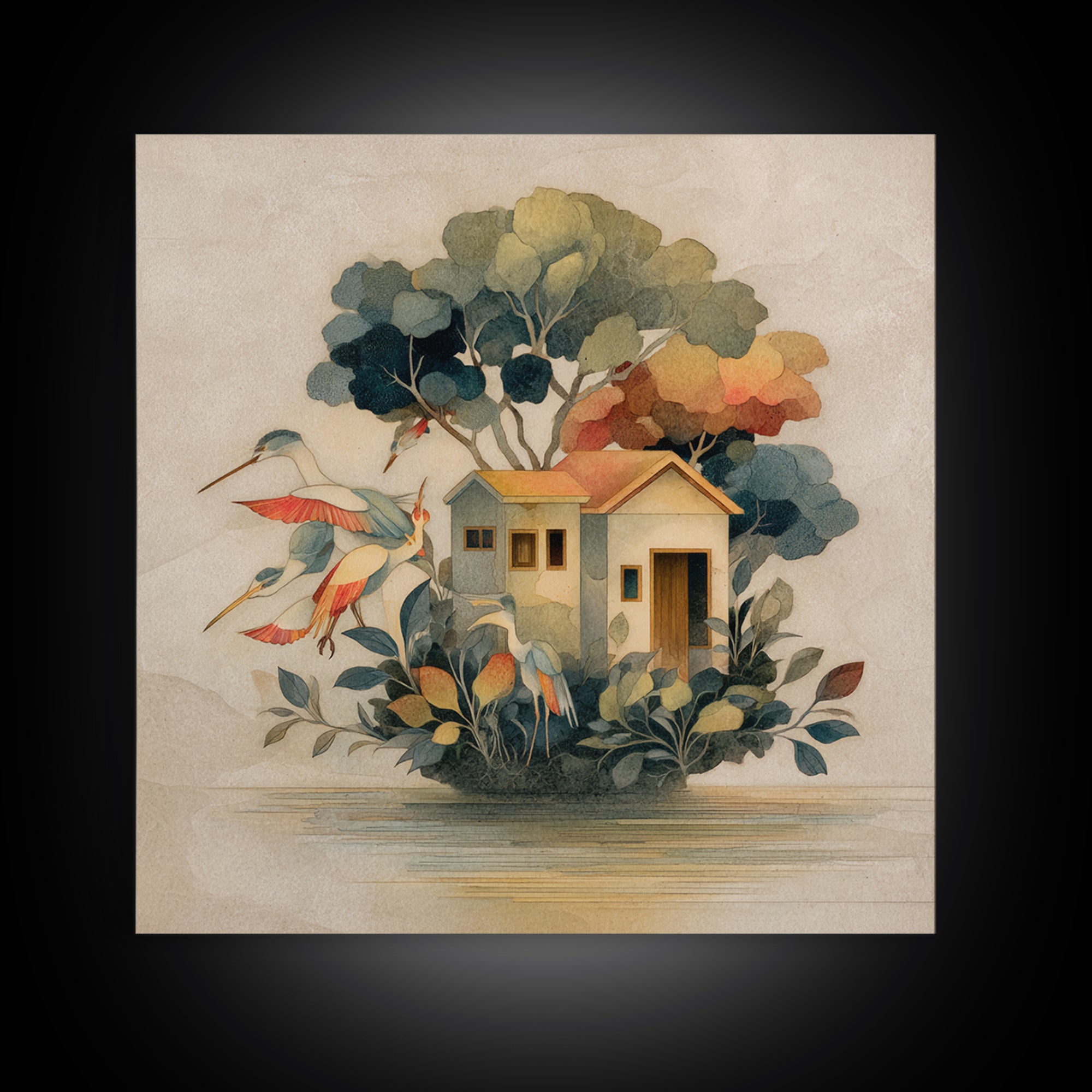Floating House Carried by Colorful Birds Framed Canvas Print, Whimsical Art, Framed Wall Art, Living Room Decor, Wonder, WHI-1x1-7