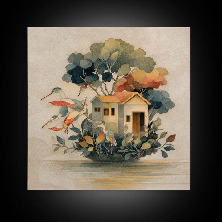 Floating House Carried by Colorful Birds Framed Canvas Print, Whimsical Art, Framed Wall Art, Living Room Decor, Wonder, WHI-1x1-7