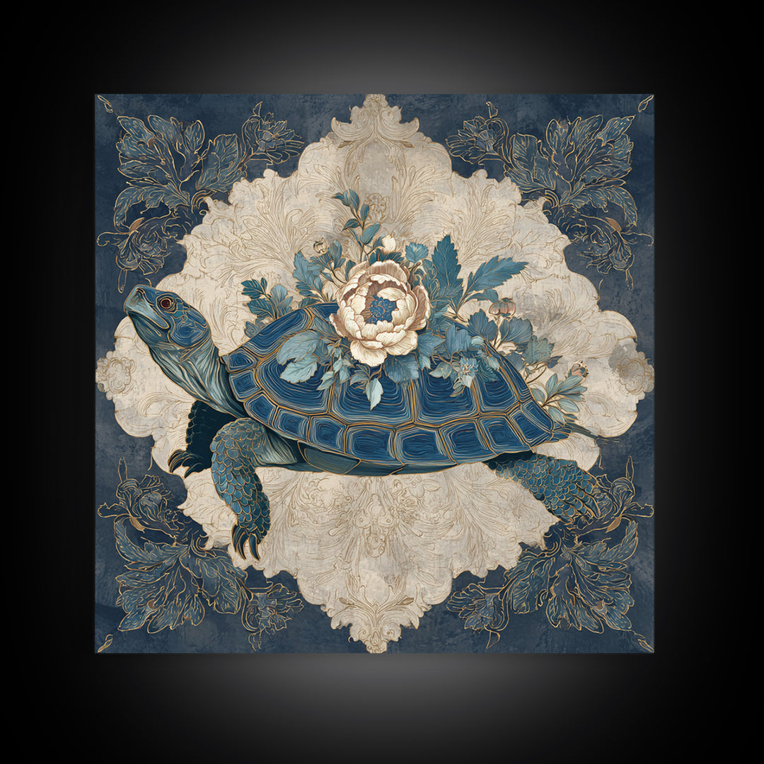 Turtle with Garden Growing on Shell Framed Canvas Print, Whimsical Art, Nursery Art, Living Room Decor, Oil Painting, Wonder, WHI-1x1-70