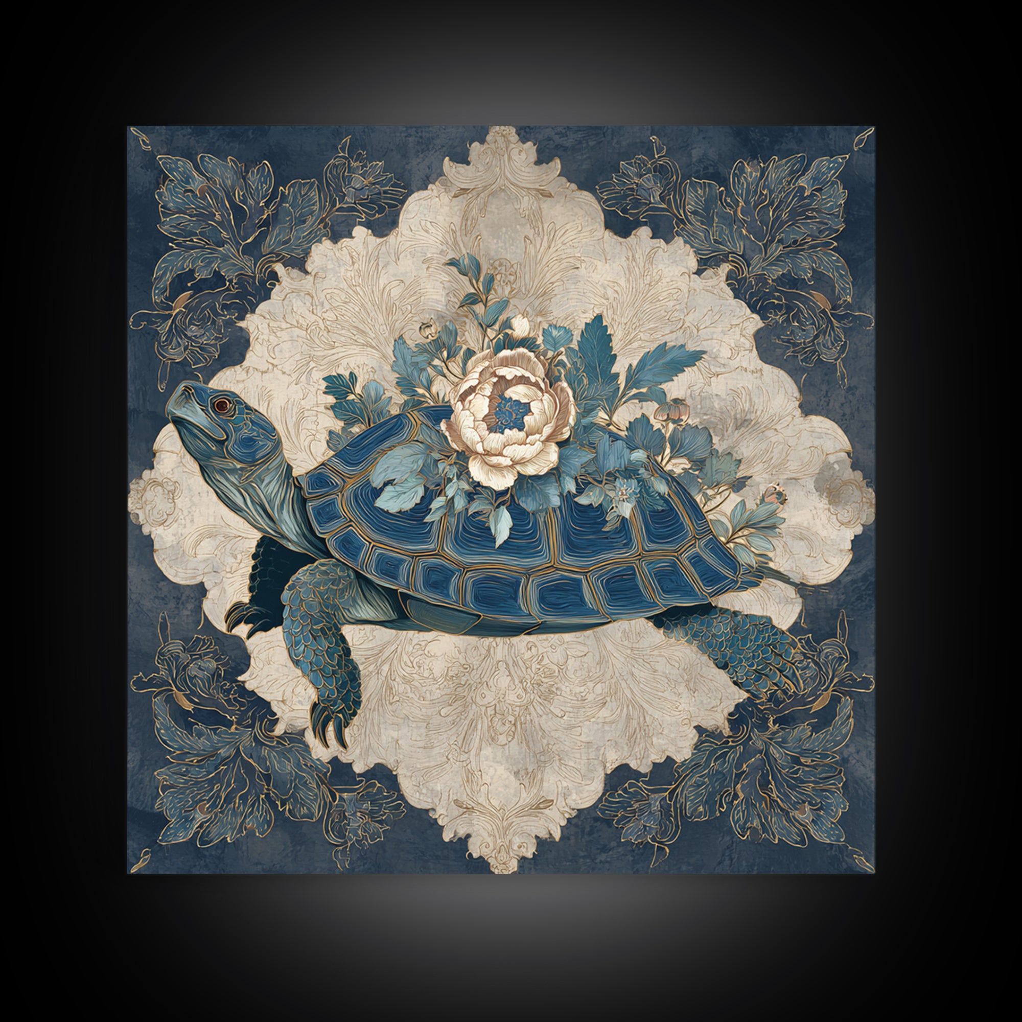 Turtle with Garden Growing on Shell Framed Canvas Print, Whimsical Art, Nursery Art, Living Room Decor, Oil Painting, Wonder, WHI-1x1-70