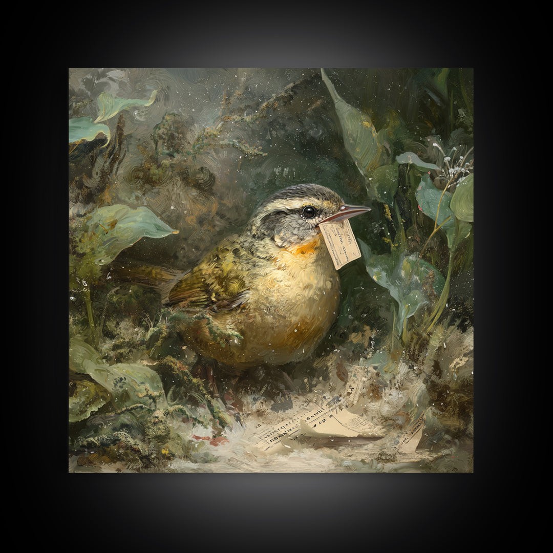 Bird Delivering a Tiny Love Letter Framed Canvas Print, Whimsical Art, Cat Art, Living Room Decor, Fine Art, Wonder, WHI-1x1-71