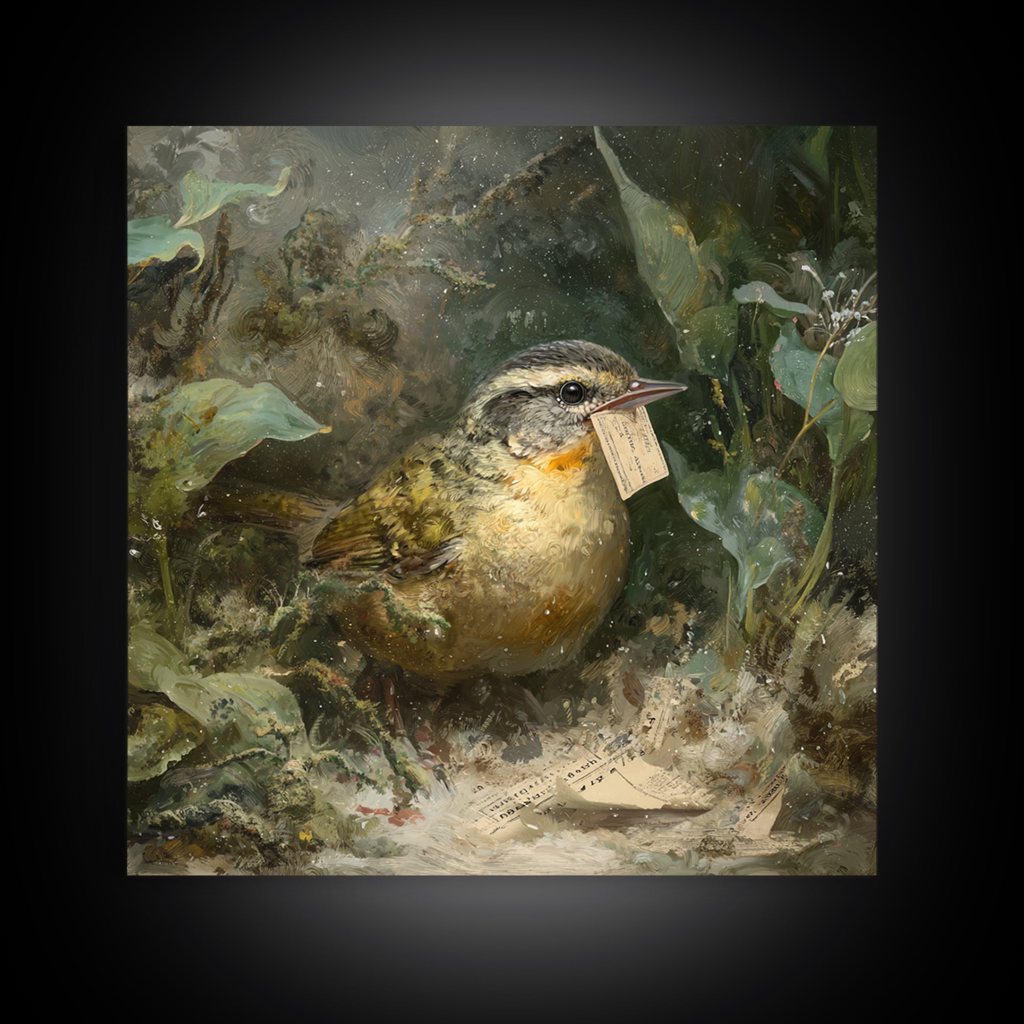 Bird Delivering a Tiny Love Letter Framed Canvas Print, Whimsical Art, Cat Art, Living Room Decor, Fine Art, Wonder, WHI-1x1-71