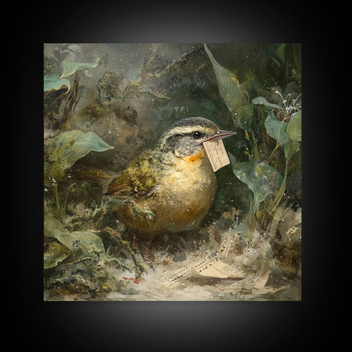 Bird Delivering a Tiny Love Letter Framed Canvas Print, Whimsical Art, Cat Art, Living Room Decor, Fine Art, Wonder, WHI-1x1-71
