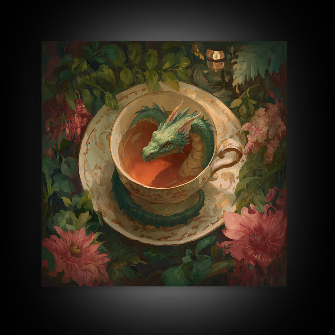 Dragon Curled Around a Teacup Framed Canvas Print, Whimsical Art, Bird Art, Living Room Decor, Abstract Art, Wonder, WHI-1x1-72