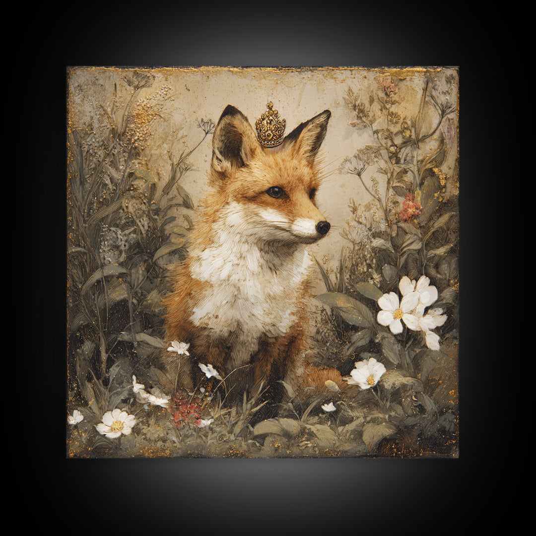 Fox Wearing a Tiny Crown Framed Canvas Print, Whimsical Art, Home Decor, Living Room Decor, Fine Art, Wonder, Digital Print, WHI-1x1-73