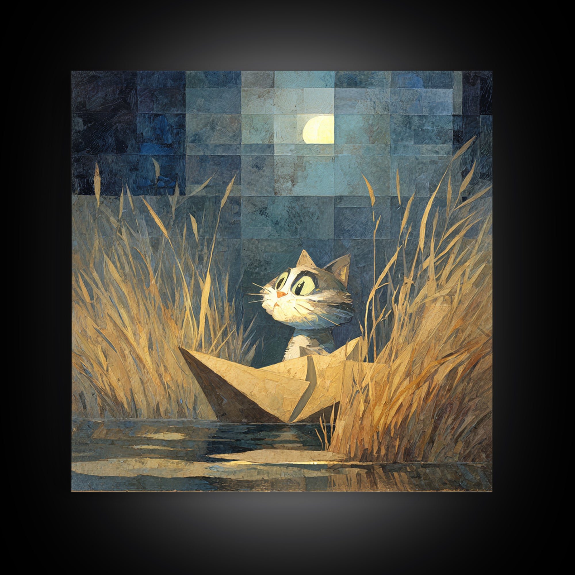 Cat Sailing a Paper Boat Framed Canvas Print, Whimsical Art, Fine Art Print, Living Room Decor, Fine Art, Wonder, Prints, WHI-1x1-74