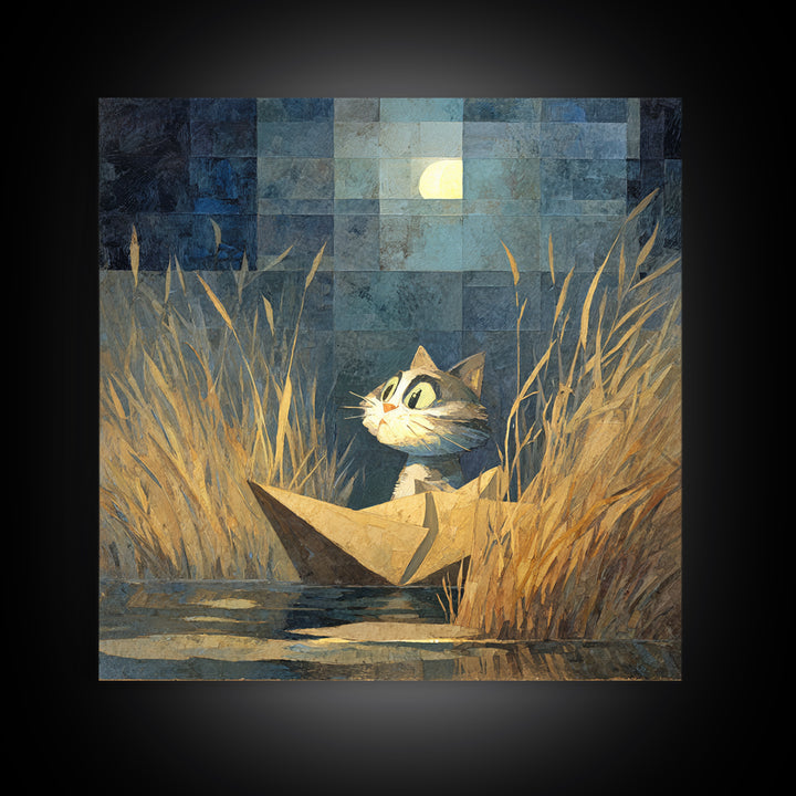 Cat Sailing a Paper Boat Framed Canvas Print, Whimsical Art, Fine Art Print, Living Room Decor, Fine Art, Wonder, Prints, WHI-1x1-74