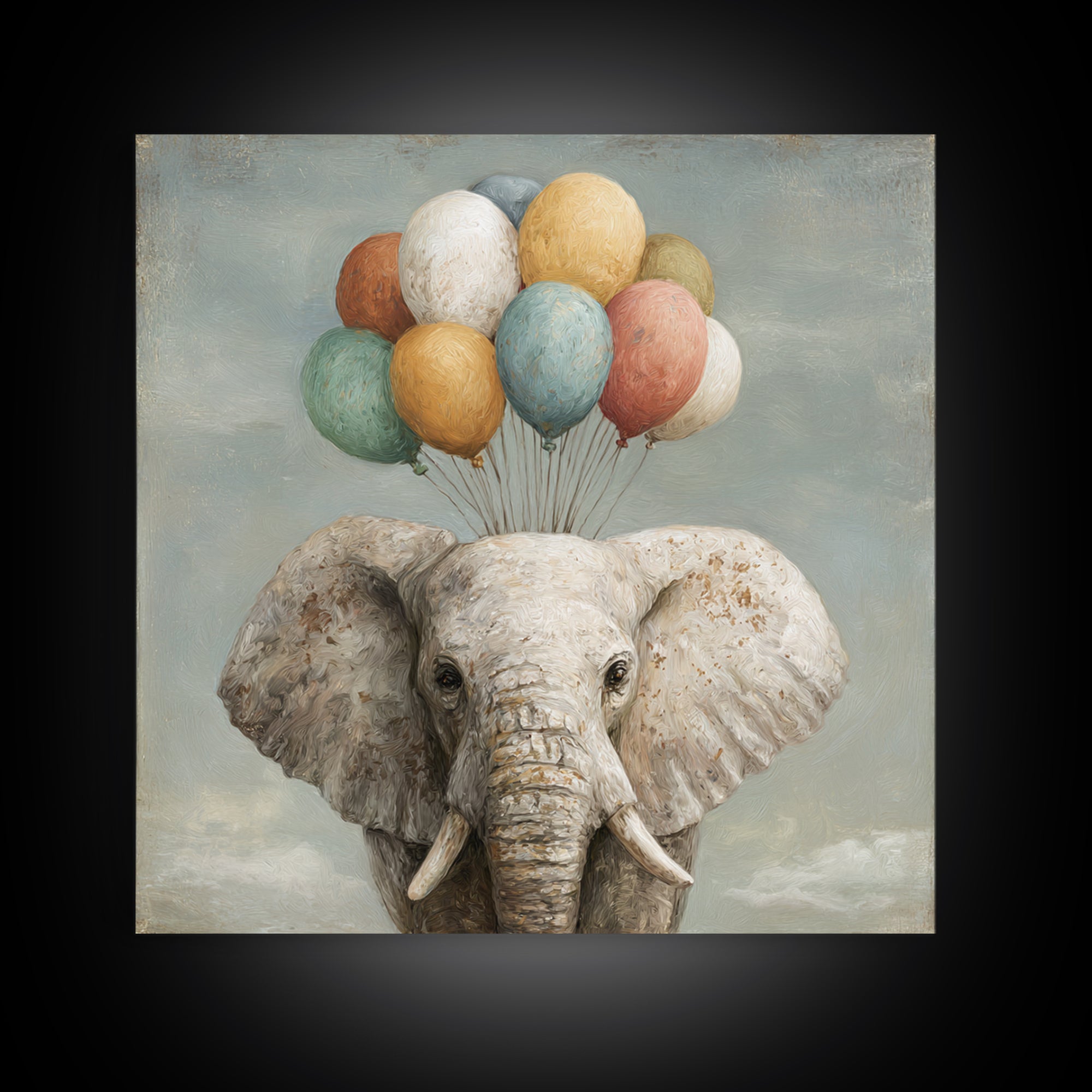 Elephant Holding Balloons Canvas Print, Whimsical Art, Statement Artwork, Living Room Decor, Fine Art, Wonder, Art Print, WHI-1x1-75