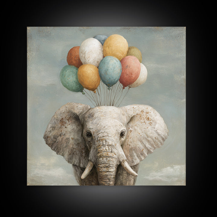 Elephant Holding Balloons Canvas Print, Whimsical Art, Statement Artwork, Living Room Decor, Fine Art, Wonder, Art Print, WHI-1x1-75