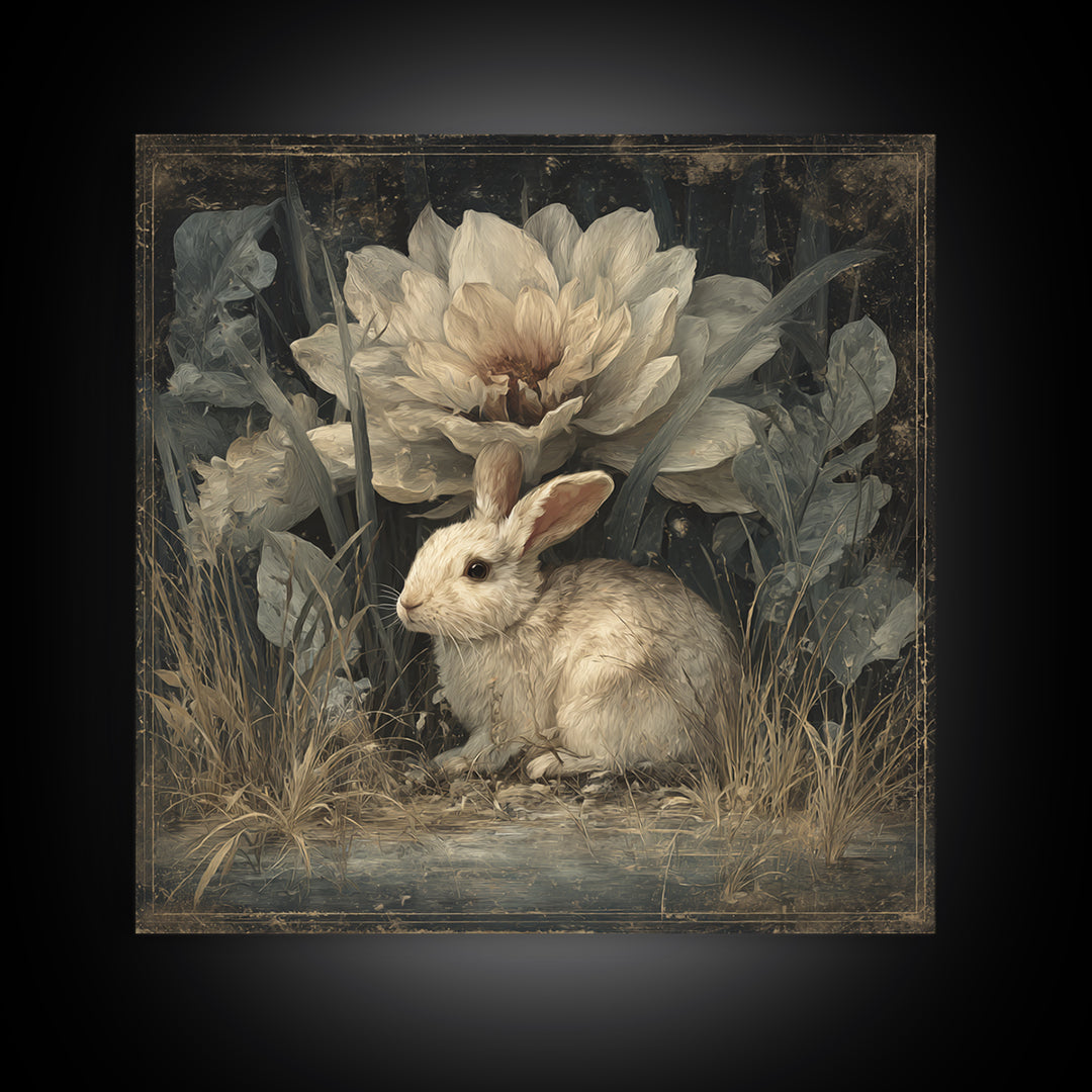 Rabbit Reading Beneath a Giant Flower Canvas Print, Whimsical Art, Wall Decor, Living Room Decor, Wonder, Printable Art, WHI-1x1-77
