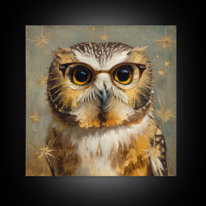 Owl Wearing Spectacles Among Stars Framed Canvas Print, Whimsical Art, Statement Artwork, Living Room Decor, Fine Art, Wonder, WHI-1x1-78