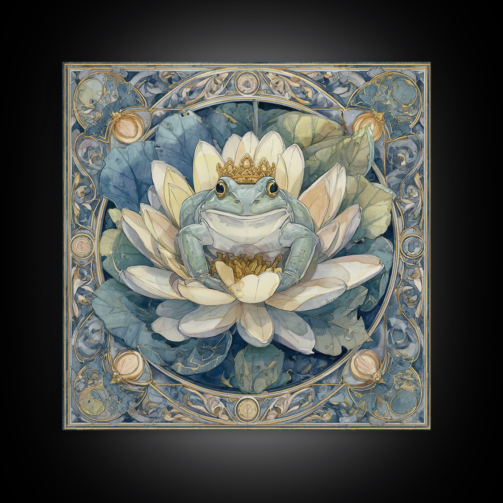 Frog Prince on a Lily Pad Framed Canvas Print, Whimsical Art, Oil Painting, Living Room Decor, Wonder, Dark Academia Decor, WHI-1x1-8