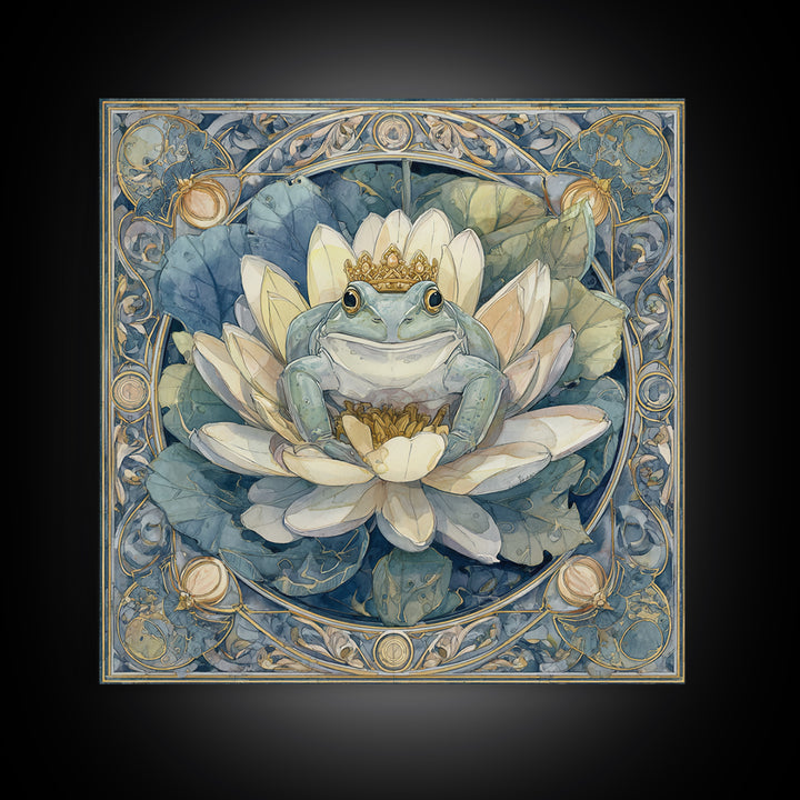 Frog Prince on a Lily Pad Framed Canvas Print, Whimsical Art, Oil Painting, Living Room Decor, Wonder, Dark Academia Decor, WHI-1x1-8