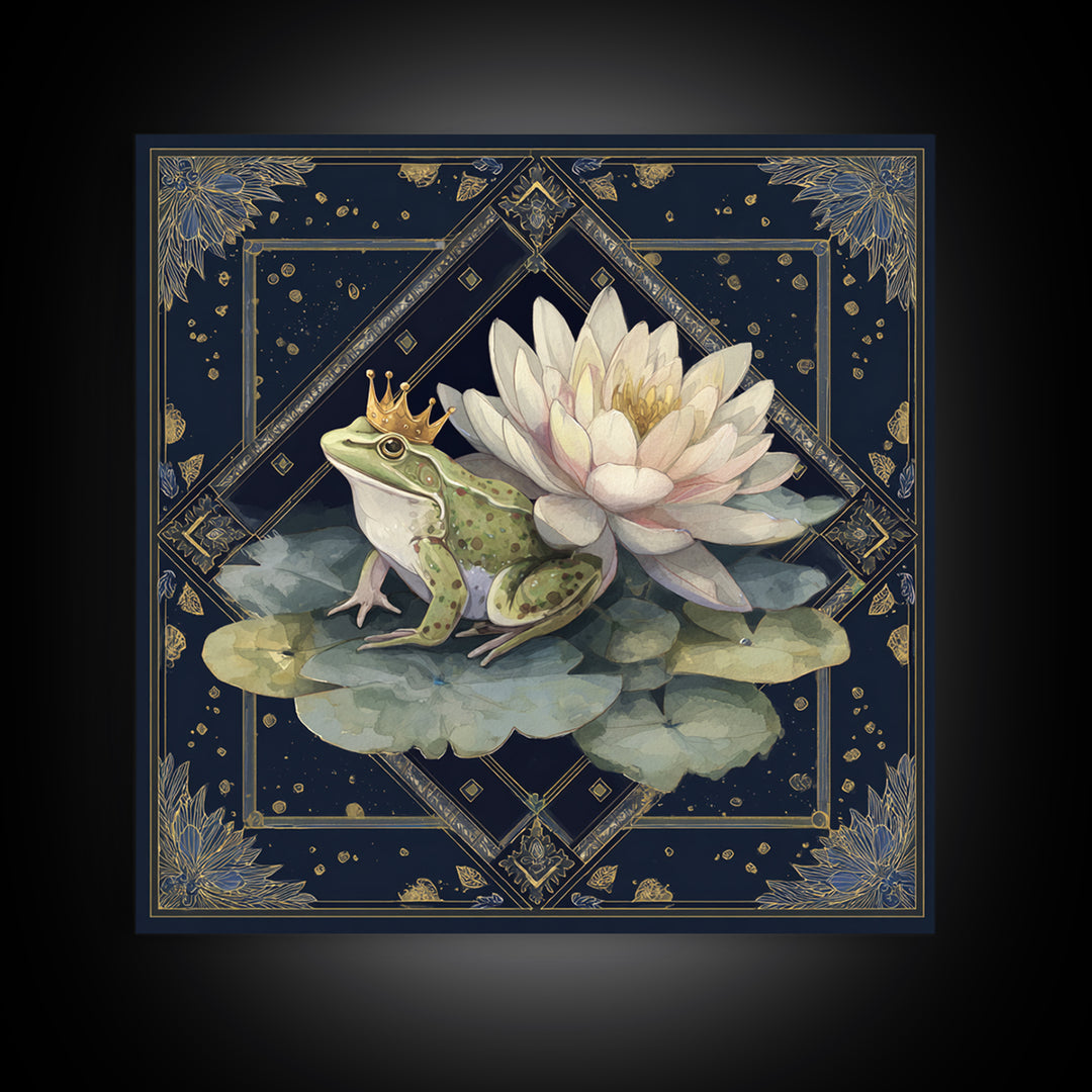 Frog Prince on a Lily Pad Framed Canvas Print, Whimsical Art, Fine Art Print, Living Room Decor, Fine Art, Wonder, Prints, WHI-1x1-80