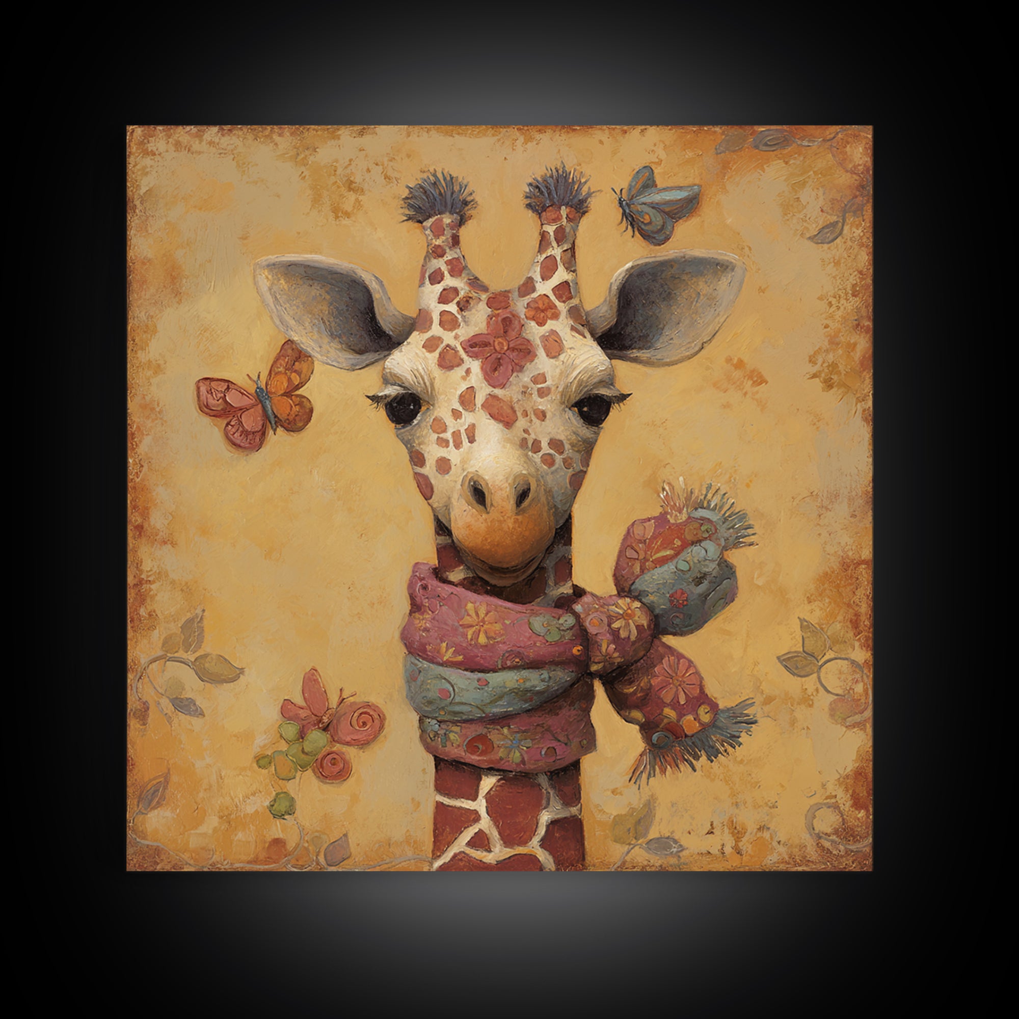 Giraffe with Scarf and Butterflies Canvas Print, Whimsical Art, Boho Decor, Living Room Decor, Oil Painting, Wonder, WHI-1x1-82