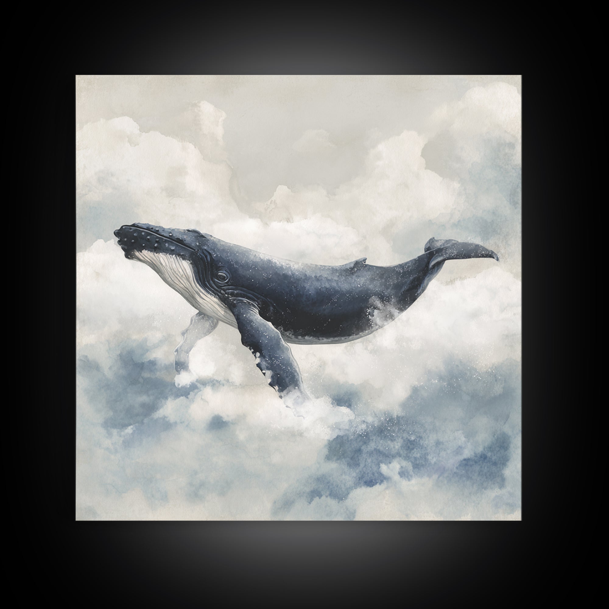 Whale Flying Through Clouds Like Ocean Canvas Print, Whimsical Art, Minimalist Decor, Living Room Decor, Oil Painting, Wonder, WHI-1x1-85