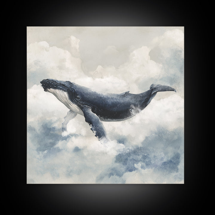 Whale Flying Through Clouds Like Ocean Canvas Print, Whimsical Art, Minimalist Decor, Living Room Decor, Oil Painting, Wonder, WHI-1x1-85