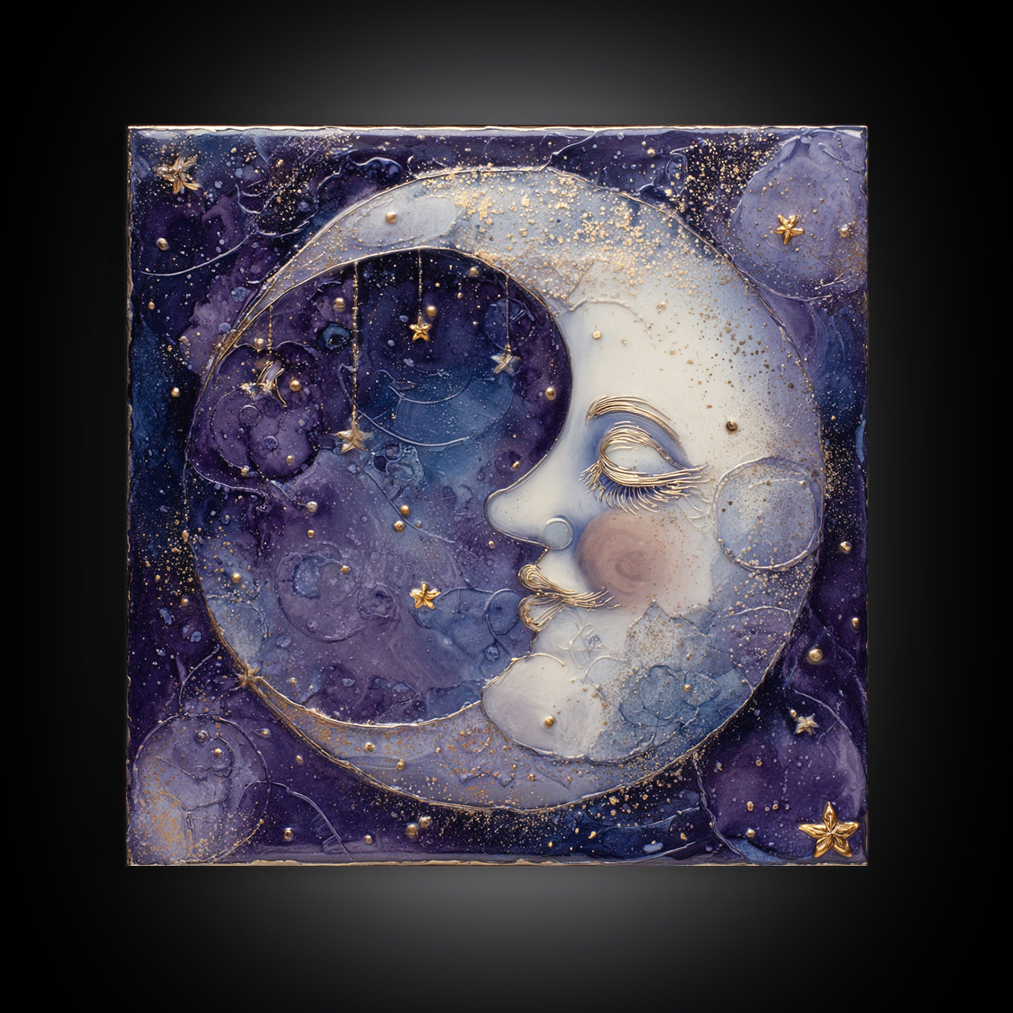 Moon with Sleeping Face and Dangling Stars Framed Canvas Print, Whimsical Art, Minimalist Decor, Living Room Decor, Wonder, WHI-1x1-88