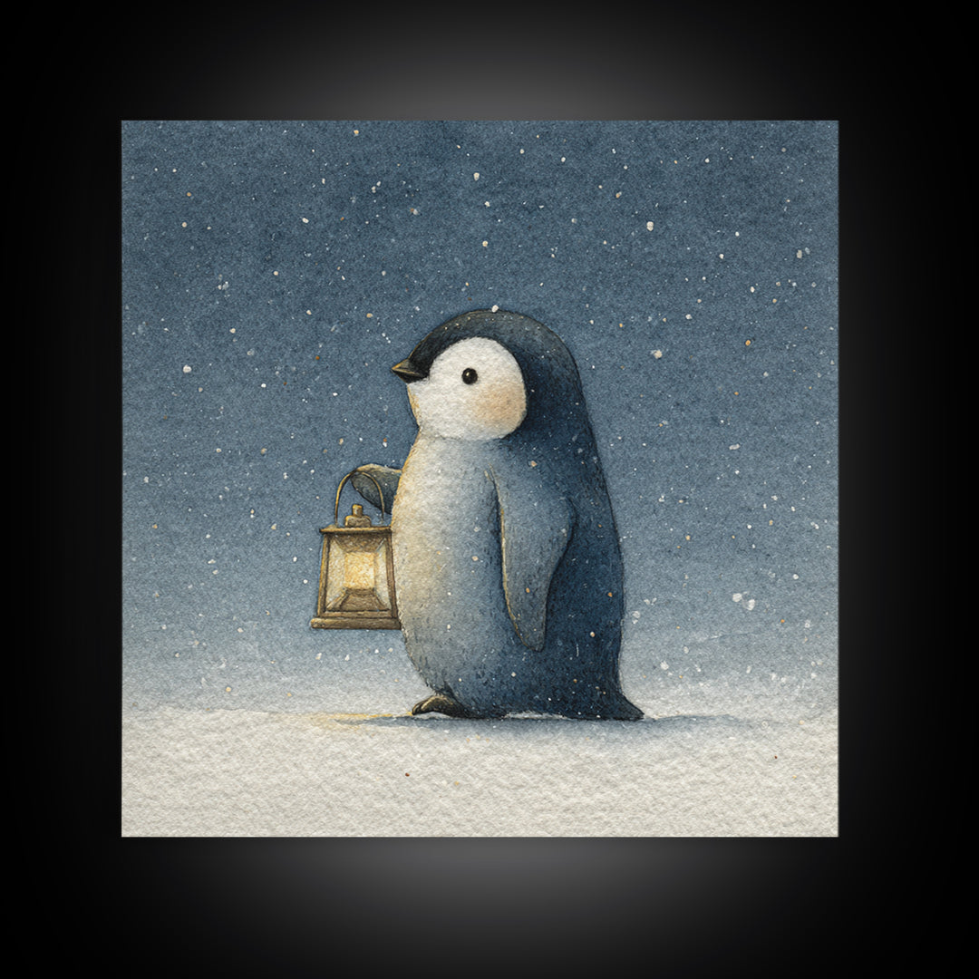 Penguin Holding a Lantern Canvas Print, Whimsical Art, Contemporary Art, Living Room Decor, Fine Art, Wonder, Art Nouveau, WHI-1x1-89