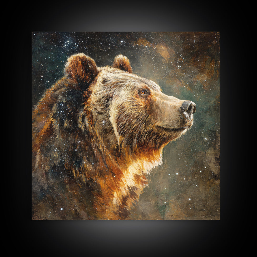 Bear Painting Stars Onto the Night Sky Canvas Print, Whimsical Art, Statement Artwork, Living Room Decor, Fine Art, Wonder, WHI-1x1-9