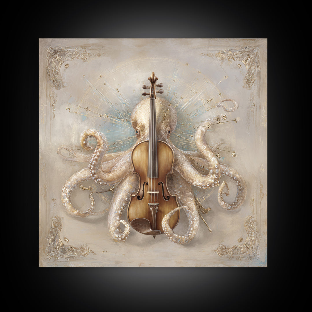 Octopus Conductor with Tiny Instruments Canvas Print, Whimsical Art, Neutral Decor, Living Room Decor, Fine Art, Wonder, WHI-1x1-90