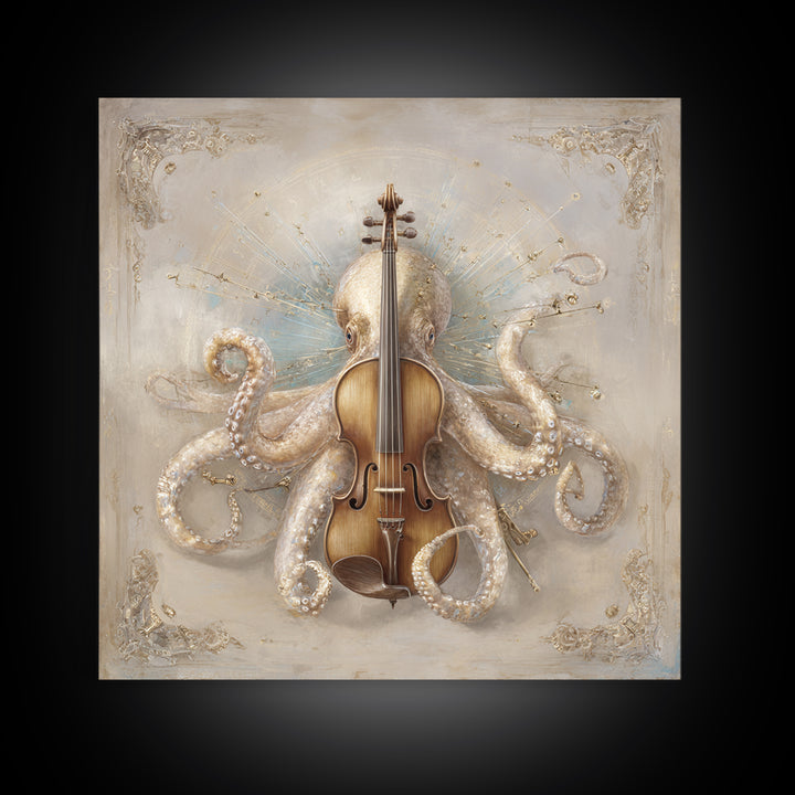 Octopus Conductor with Tiny Instruments Canvas Print, Whimsical Art, Neutral Decor, Living Room Decor, Fine Art, Wonder, WHI-1x1-90