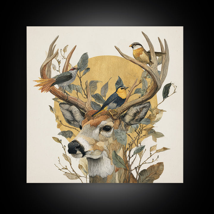 Deer with Antlers Full of Birds Canvas Print, Whimsical Art, Room Decor, Living Room Decor, Fine Art, Wonder, Oil Painting, WHI-1x1-91