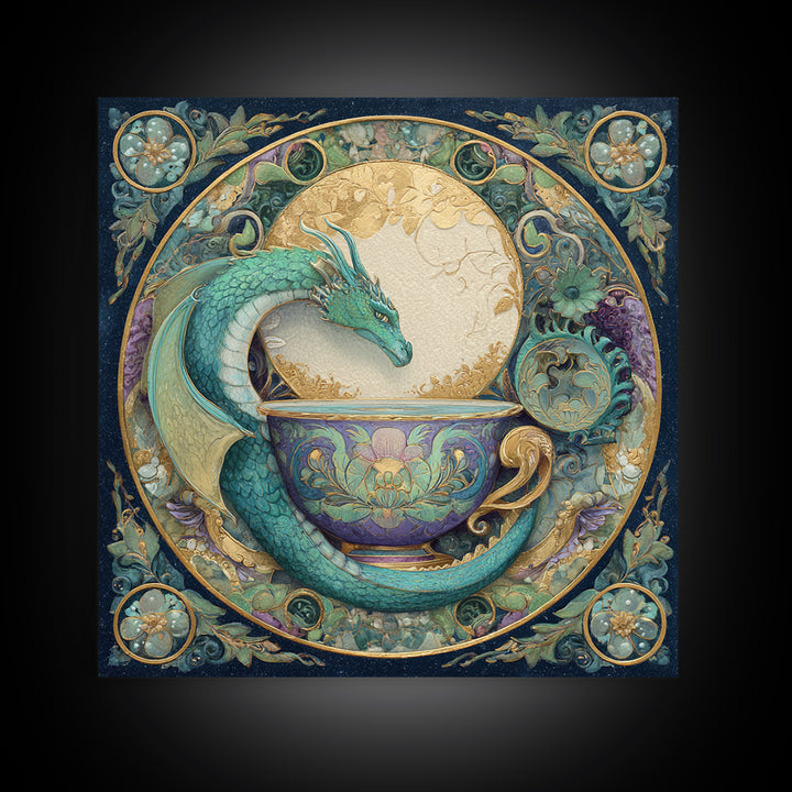 Dragon Curled Around a Teacup Framed Canvas Print, Whimsical Art, Pet Portrait, Living Room Decor, Wonder, Abstract Wall Art, WHI-1x1-96